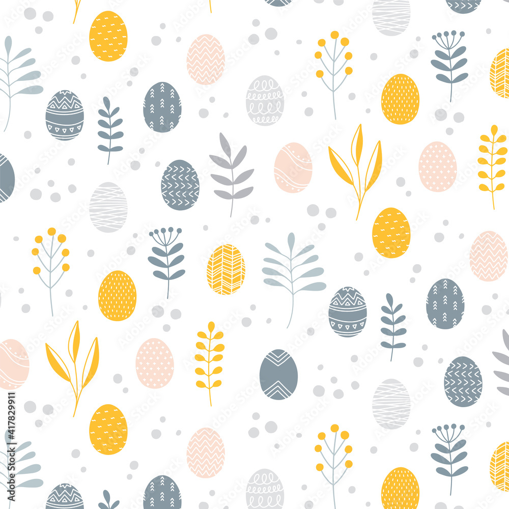 Fototapeta Minimalist scandinavian natural style Easter seamless surface pattern with painted eggs and floral branches, Vector illustration on white background. Nordic folk texture.