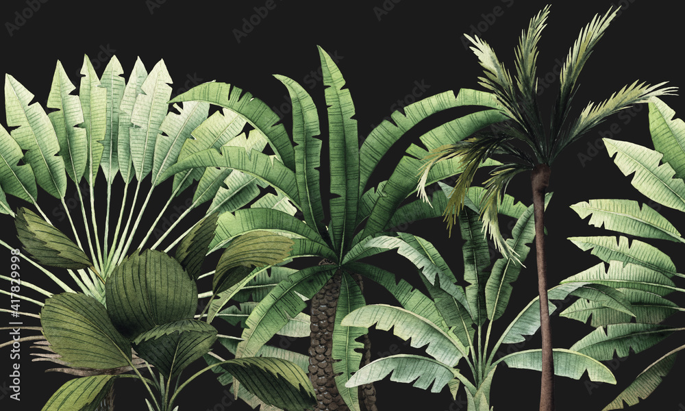 Fototapeta premium Vintage tropical palm trees. Seamless floral pattern with tropical trees on summer background. Template design for textiles, interior, clothes, wallpaper. Watercolot illustration. Botanical art