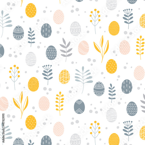 Minimalist scandinavian natural style Easter seamless surface pattern with painted eggs and floral branches, Vector illustration on white background. Nordic folk texture.