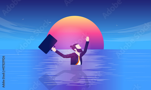 Businessman in need - Desperate man swimming in water with suit and briefcase. Business danger and desperation concept. Vector illustration.