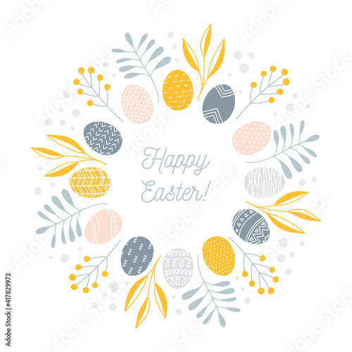 Round Easter wreath with painted eggs and floral branches and leaves, minimalist Scandinavian nordic folk style, vector illustration isolated