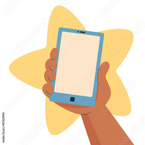 Hand looking like childish holds smartphone with empty screen. Cute cartoon flat modern style vector template. Mobile phone with blank display