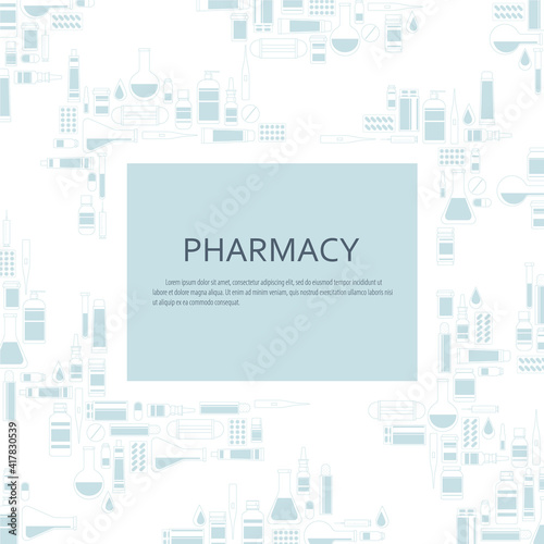 Pharmacy promo poster with medical products on a white background with place for text. Vector illustration