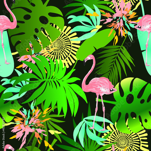 Cool pink flamingo pattern. Summer Background with o flamingo and tropic . for  fashion clothes, t shirt, child, wrapping paper. Creative girlish design  