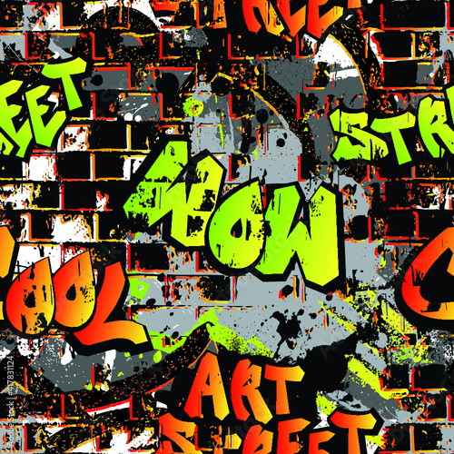 Abstract bright graffiti pattern. With bricks  paint drips  words in graffiti style. Graphic urban design for textiles  sportswear  prints. 