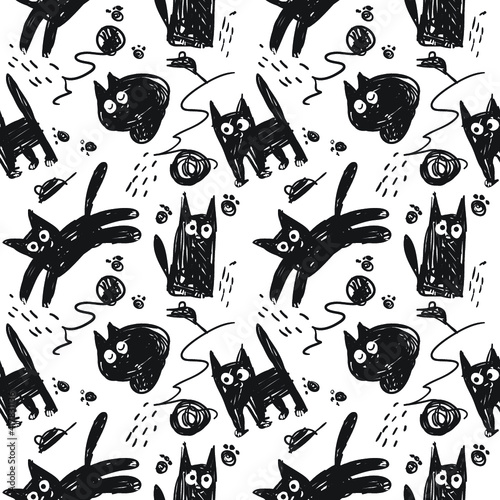 Cute seamless pattern with cats.
Hand drawn kids backgorund for textile,  fashion, wrapping paper, graphic tees