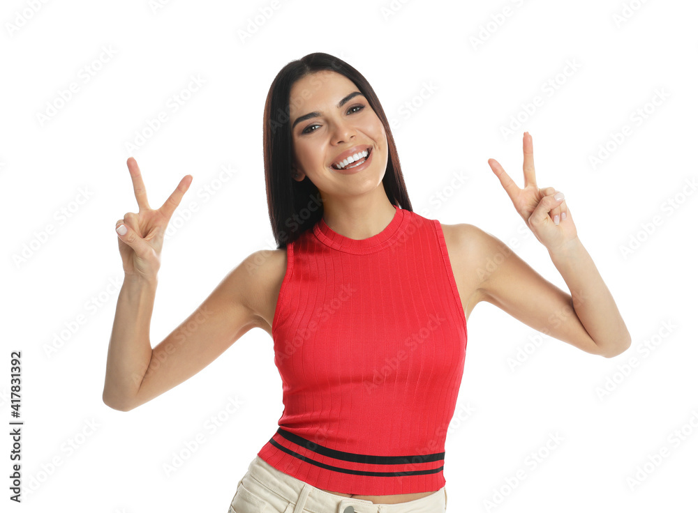 Woman showing number four with her hands on white background Woman showing number four with her hands on white background