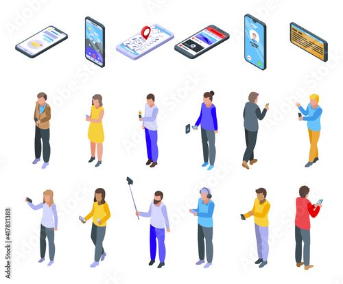 Using smartphone icons set. Isometric set of using smartphone vector icons for web design isolated on white background