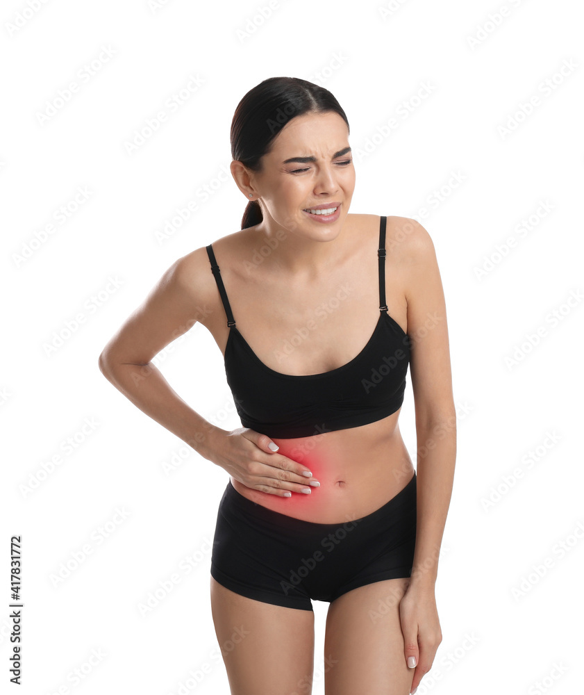 Woman suffering from liver pain on white background Woman suffering from liver pain on white background