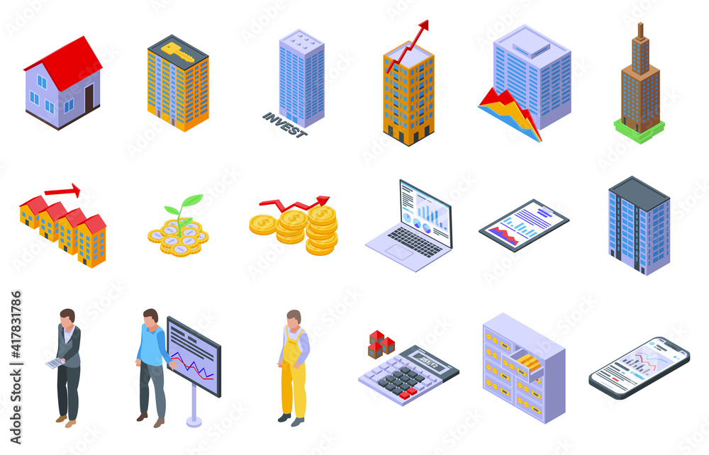Property investments icons set. Isometric set of property investments vector icons for web design isolated on white background Property investments icons set. Isometric set of property investments vector icons for web design isolated on white background