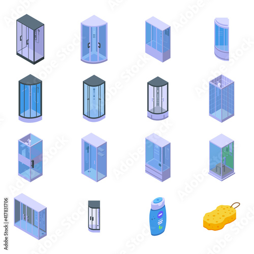 Shower stall icons set. Isometric set of shower stall vector icons for web design isolated on white background