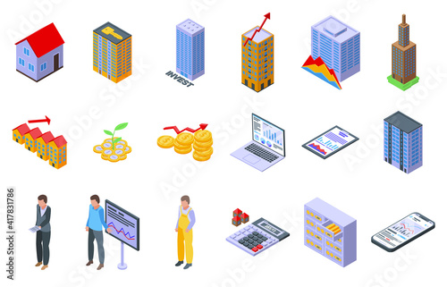 Property investments icons set. Isometric set of property investments vector icons for web design isolated on white background