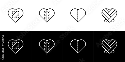 Love recovery icon set. Flat design icon collection isolated on black and white background. Band aid, suture, stick, and bandage.