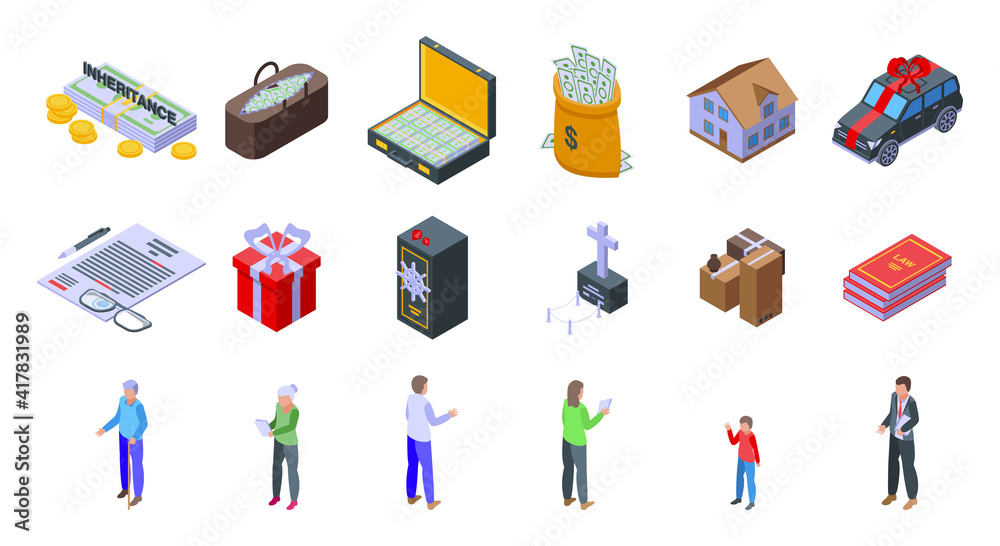 Inheritance icons set. Isometric set of inheritance vector icons for web design isolated on white background Inheritance icons set. Isometric set of inheritance vector icons for web design isolated on white background