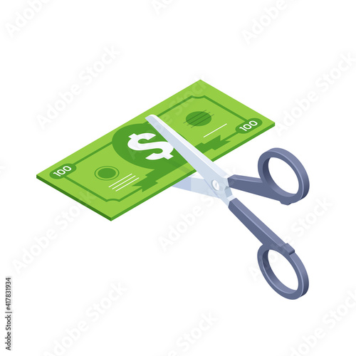 isometric vector illustration isolated on white background, scissors and banknote with dollar sign, price in half