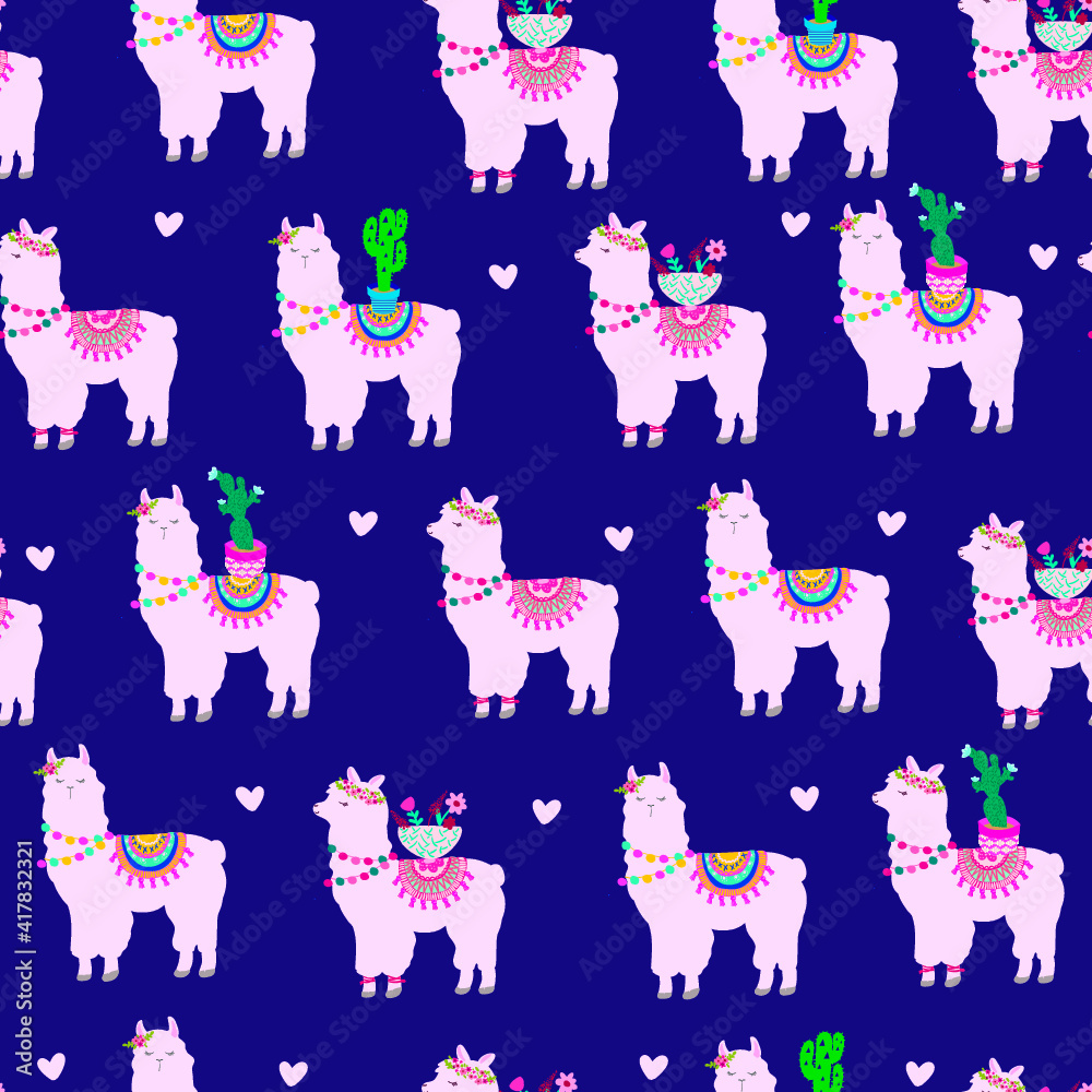 Fototapeta premium Seamless pattern with a cute lama and cactus. Pink Background for wrapping paper, rucksack, clothes, fabric, textiles, wallpaper, socks, web, cards. Vector animal illustration for kids.