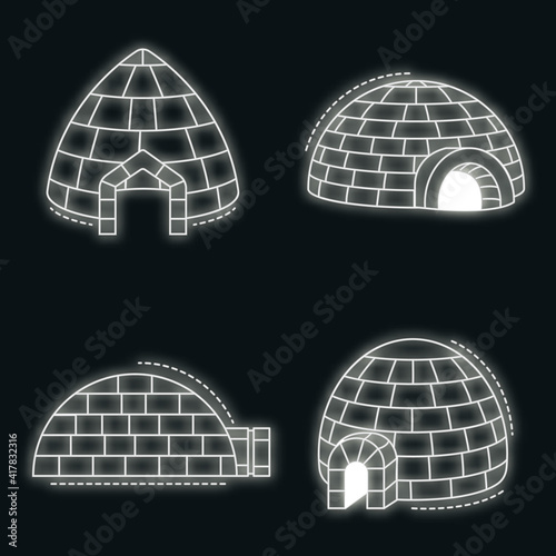 Igloo eskimo icon set. Outline set of igloo eskimo vector icons neon color on black