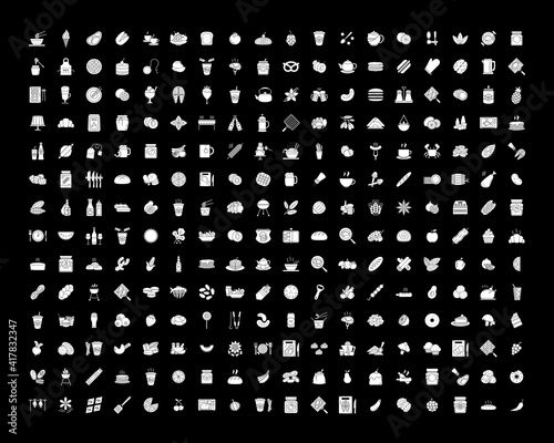 Food white glyph icons set for dark mode. Cookery and dinner preparation. Grill meat. Sweet dessert. Home culinary. Silhouette symbols on black background. Vector isolated illustration bundle