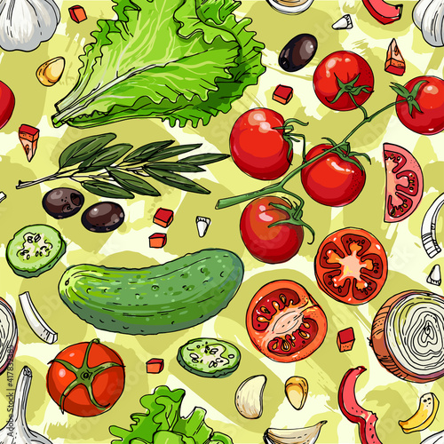 Pattern of painted colored vegetables line drawn. Skertch autumn harvest. Fresh food.