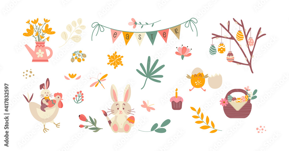 A set of cute Easter cartoon characters and design elements. Easter bunny, chickens, eggs and flowers. Vector illustration