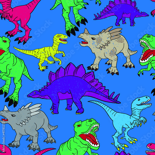 Seamless bright Dino pattern, print for T-shirts, textiles, wrapping paper, web. Original design with t-rex, dinosaur. grunge design for boys and girls © SokolArtStudio