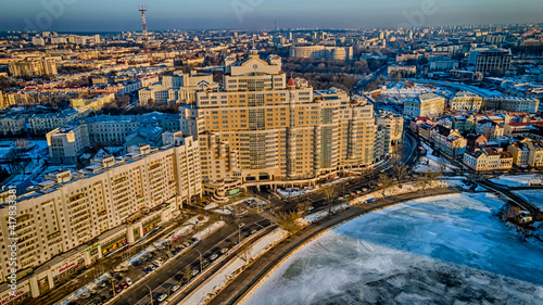 Aerial panorama of historical center of Minsk with modern and old buildings. Travel concept. Birds eye view of the cityscape.