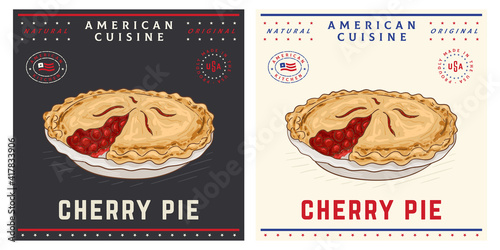 Cherry pie vintage style american bakery illustration