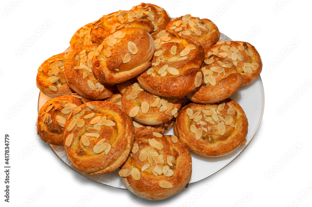 freshly baked almond rolls, round sweet bread isolated on white background freshly baked almond rolls, round sweet bread isolated on white background