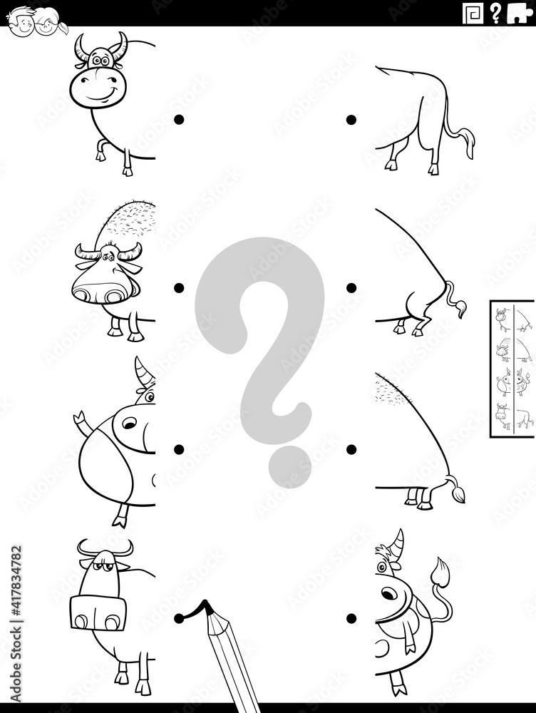 match halves of cartoon bulls pictures coloring book page match halves of cartoon bulls pictures coloring book page
