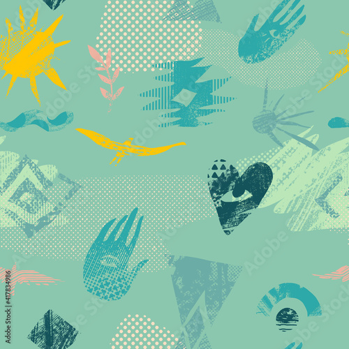 Vector abstract seamless pattern with natural and geometric motives.