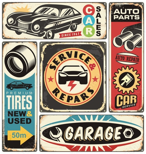 Car service and repair retro signs collection. Vintage transportation signage with car graphics , auto parts and creative lettering. Vector cars labels and stickers set.