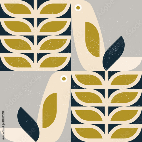 Abstract geometric retro inspired vector seamless pattern.Stylized bird, leaves and flowers in pastel colors. Simple background in traditional decorative folk art scandinavian style.Isolated texture