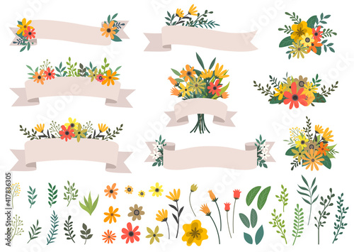 花とリボンのイラストセット