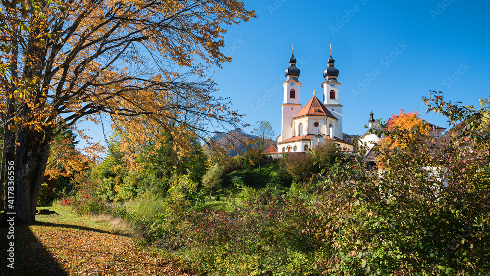 pictorial autumn scenery, Aschau im Chiemgau, church with twin tower, tourist resort upper bavaria