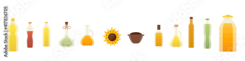 Vector oil bottles illustrations. Sunflower, olive, corn, seed, walnut, avocado oil. Isolated cartoon set icon sunflower product. Organic healthy product seed oils.