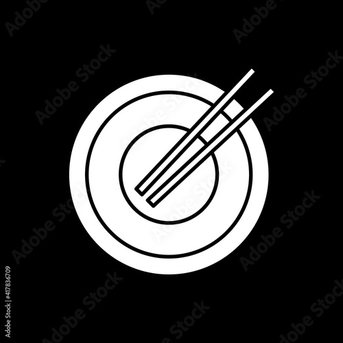 Empty dish with chopsticks dark mode glyph icon. Eaten noodles. Asian cuisine, chinese culinary. Dinner platter. Serving lunch. White silhouette symbol on black space. Vector isolated illustration