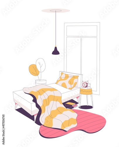 Home bedroom interior drawn in pink and yellow. Bed, bedside table with alarm clock, closed window. Nobody inside the room