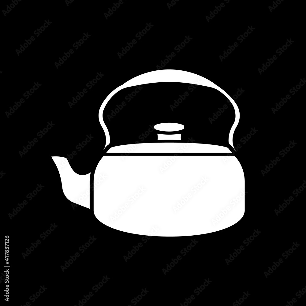 Tea kettle dark mode glyph icon. Teakettle for drink brewing. Kitchen appliance. Home kitchenware. Brewing hot beverage. White silhouette symbol on black space. Vector isolated illustration Tea kettle dark mode glyph icon. Teakettle for drink brewing. Kitchen appliance. Home kitchenware. Brewing hot beverage. White silhouette symbol on black space. Vector isolated illustration