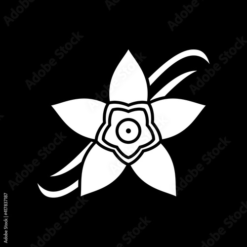 Vanilla flower dark mode glyph icon. Orchid for aromatherapy, scented plant. Sweet fragrance. Condiment production. White silhouette symbol on black space. Vector isolated illustration