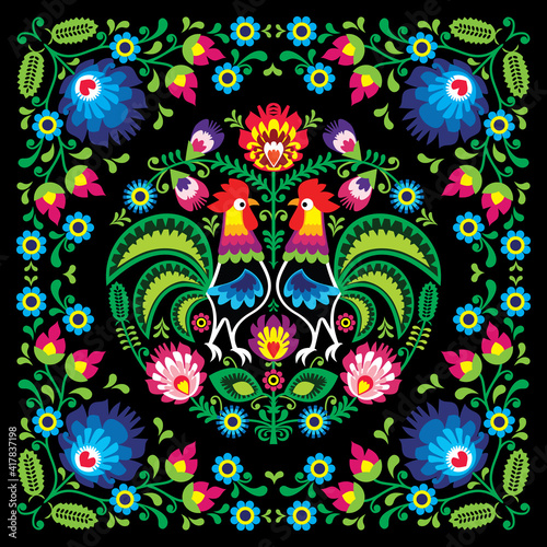 Polish retro folk art square vector pattern with roosters and flowers - wzory lowickie, wycinanki on black background
