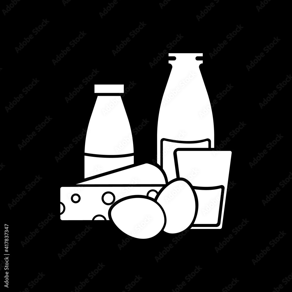 Dairy products dark mode glyph icon. Cow milk and goat cheese. Eggs for cookery. Nutrient foodstuff. Healthy food. White silhouette symbol on black space. Vector isolated illustration Dairy products dark mode glyph icon. Cow milk and goat cheese. Eggs for cookery. Nutrient foodstuff. Healthy food. White silhouette symbol on black space. Vector isolated illustration