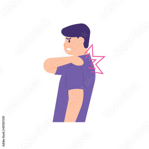 a man holds his shoulder because he feels pain in the shoulder. shoulder disease, muscle pain, shoulder injury. the expression on the face of the person who was enduring the pain. flat style. vector