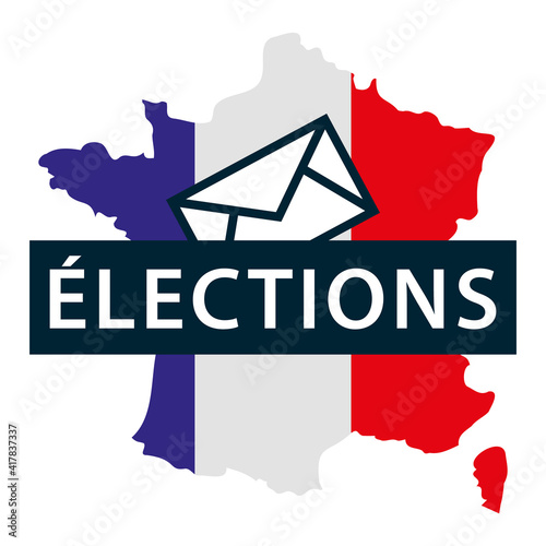 Elections. Carte de France aux couleurs du drapeau français avec bulletin de vote. Illustration vectorielle.