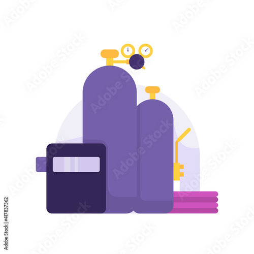 a collection of illustrations of tools or equipment for welding. acetylene welding machine or gas welding, cable, welding face shield. flat style. vector design element