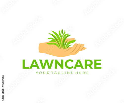 Lawn care, hand or palm holds the grass, logo design. Landscape design, landscaping, planting of greenery and floriculture, vector design and illustration