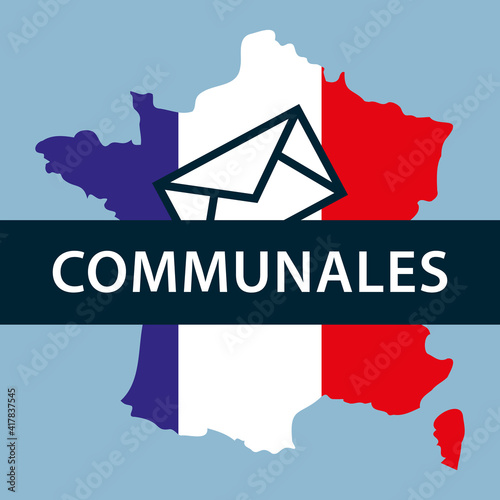 Elections communales. Carte de France aux couleurs du drapeau français avec bulletin de vote sur fond bleu. Illustration vectorielle.