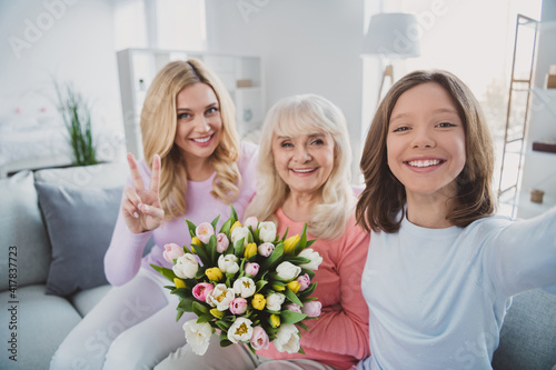 Photo of grey haired retired pensioner woman mom and small girl sit couch take selfie v-sign flowers indoors