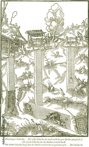 Ein Stollen und saigere Gänge. Georgius Agricola, Berg- und Hüttenwesen, 1556.