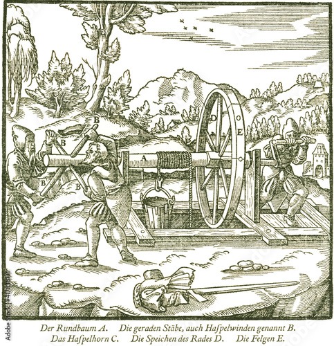 Der Rad- oder Kreuzhaspel, Georgius Agricola, Berg- und Hüttenwesen, 1556.  photo