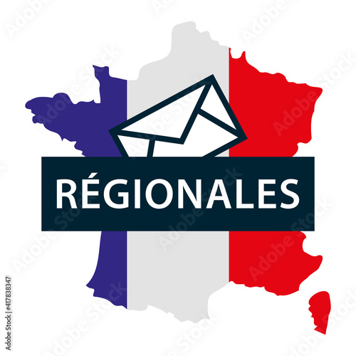 Elections régionales. Carte de France aux couleurs du drapeau français avec bulletin de vote. Illustration vectorielle.
